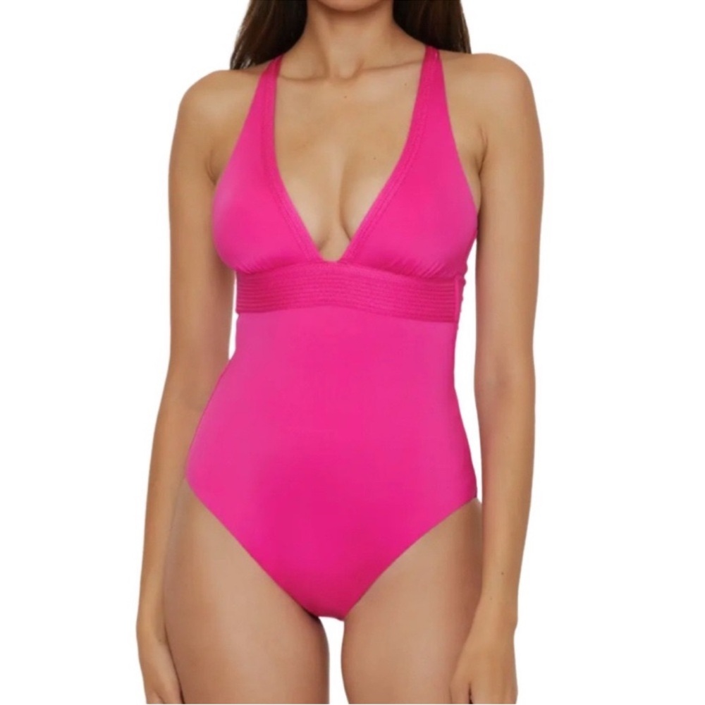 NEW Trina Turk One Piece Crossover Back Swimsuit Monaco Plunge Pink Size 14